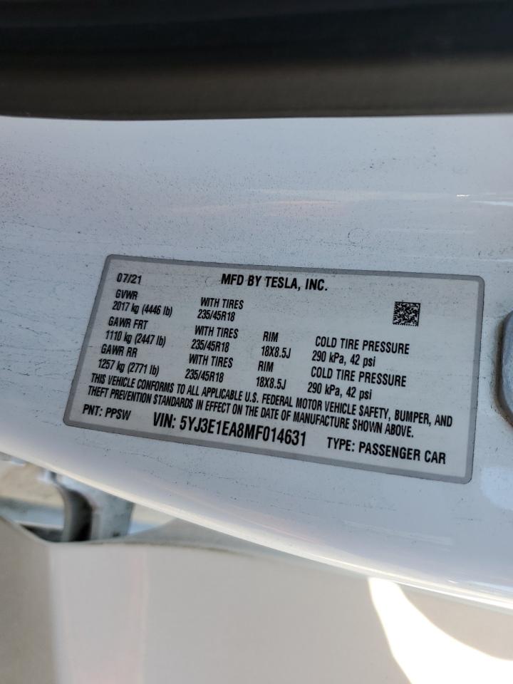 2021 Tesla Model 3 VIN: 5YJ3E1EA8MF014631 Lot: 86607265