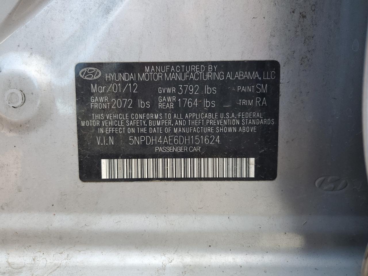 2013 Hyundai Elantra Gls VIN: 5NPDH4AE6DH151624 Lot: 82422355