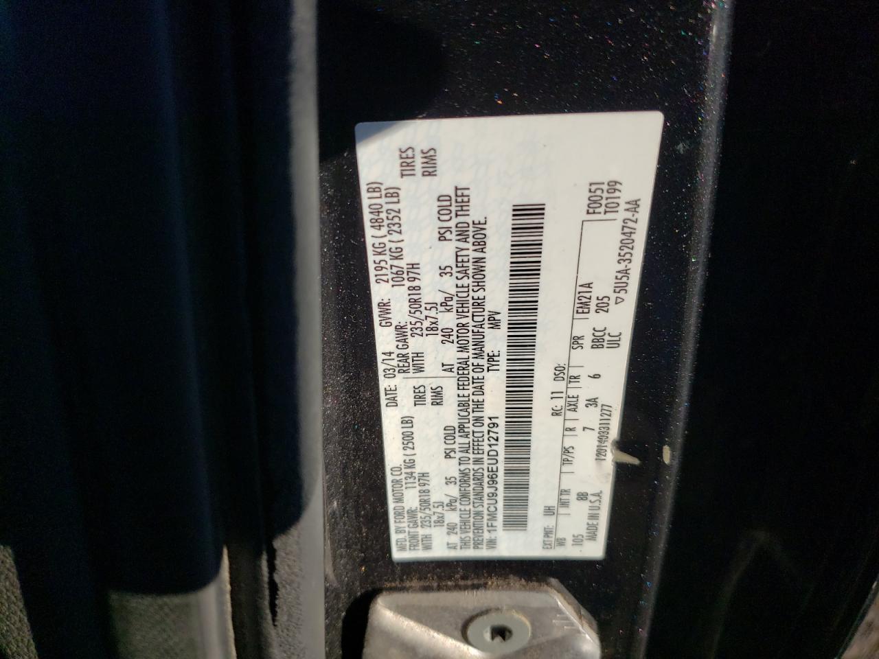 2014 Ford Escape Titanium VIN: 1FMCU9J96EUD12791 Lot: 86627105