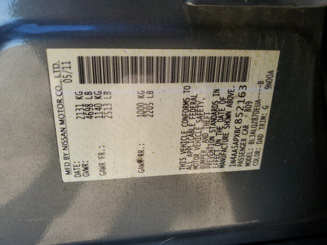 2011 Nissan Maxima S VIN: 1N4AA5APXBC852163 Lot: 89665985
