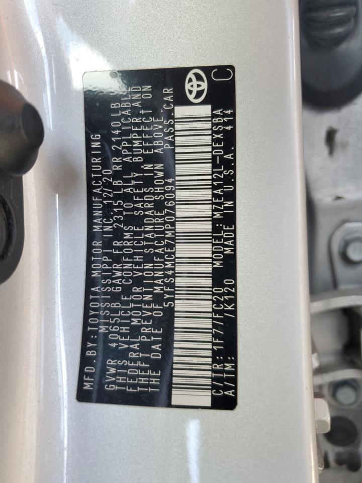2021 Toyota Corolla Se VIN: 5YFS4MCE7MP076094 Lot: 85500365
