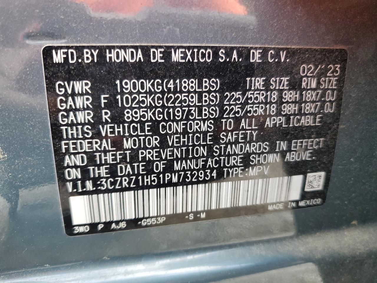 2023 Honda Hr-V Sport VIN: 3CZRZ1H51PM732934 Lot: 82389725