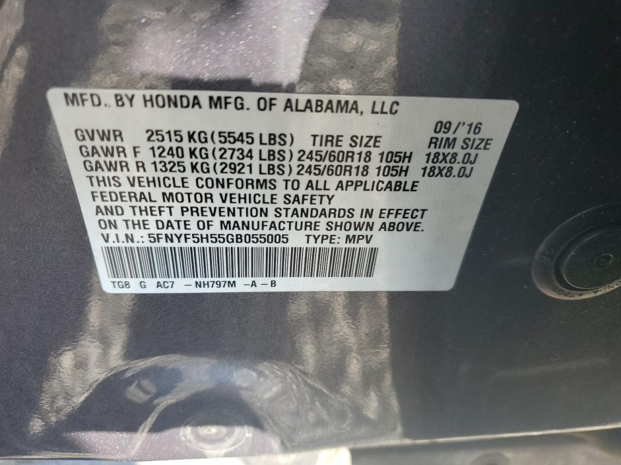 2016 Honda Pilot Exl VIN: 5FNYF5H55GB055005 Lot: 86459115