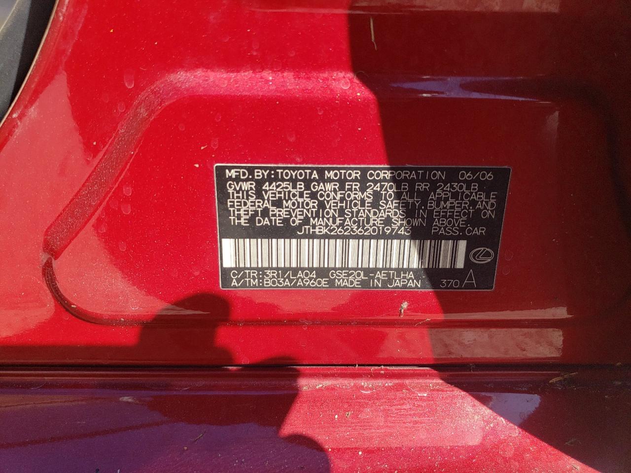 2006 Lexus Is 250 VIN: JTHBK262362019743 Lot: 90051565