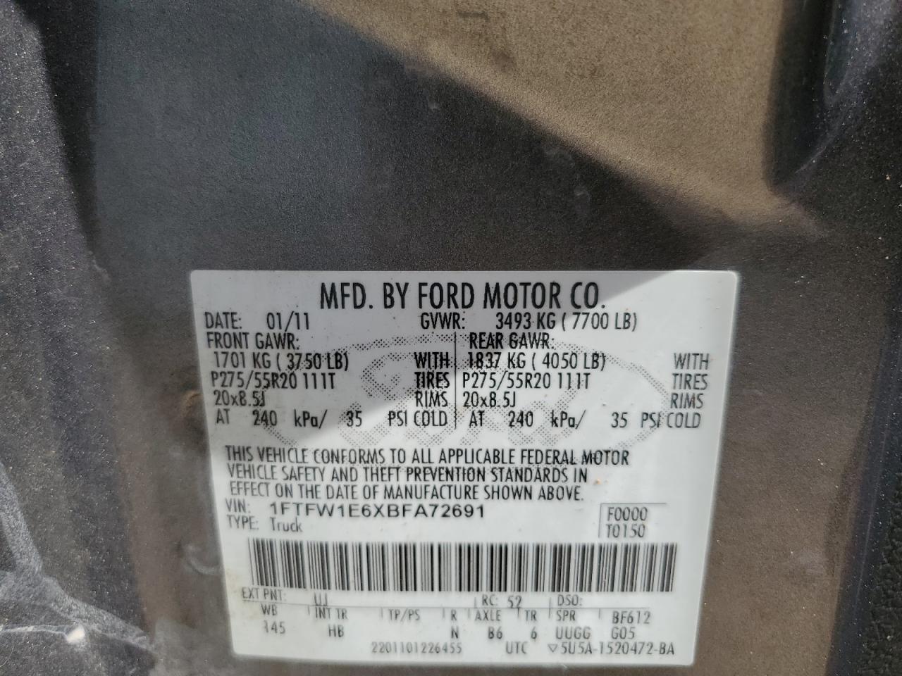 2011 Ford F150 Supercrew VIN: 1FTFW1E6XBFA72691 Lot: 82068145