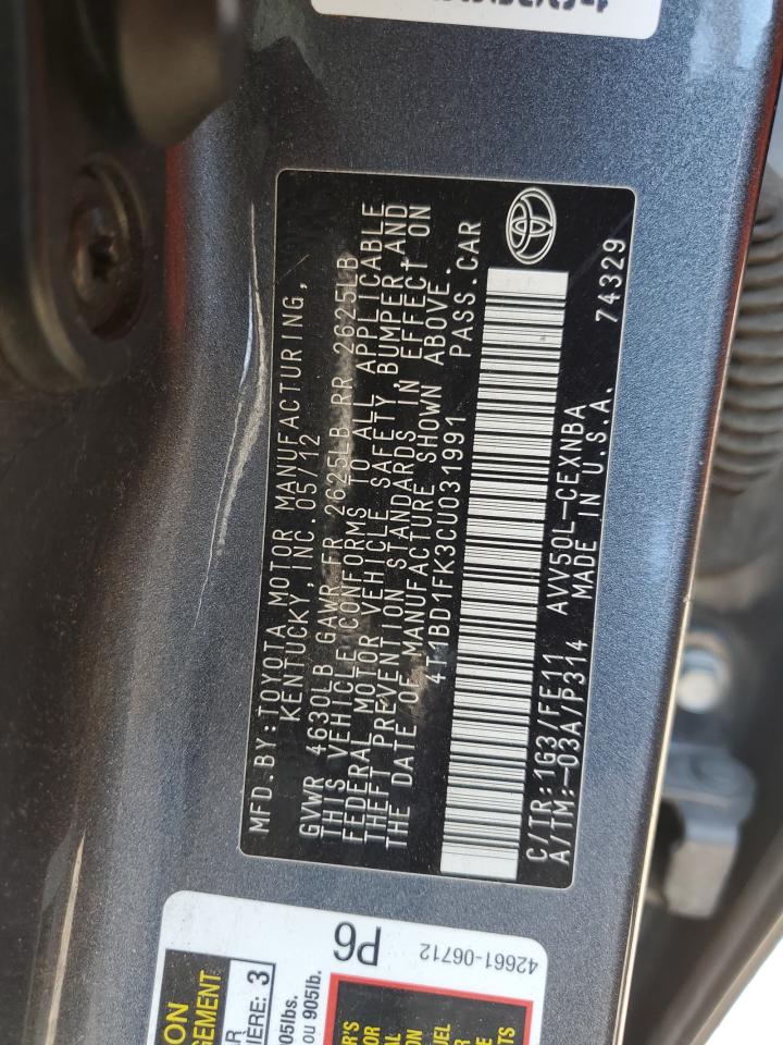 2012 Toyota Camry Hybrid VIN: 4T1BD1FK3CU031991 Lot: 82242865