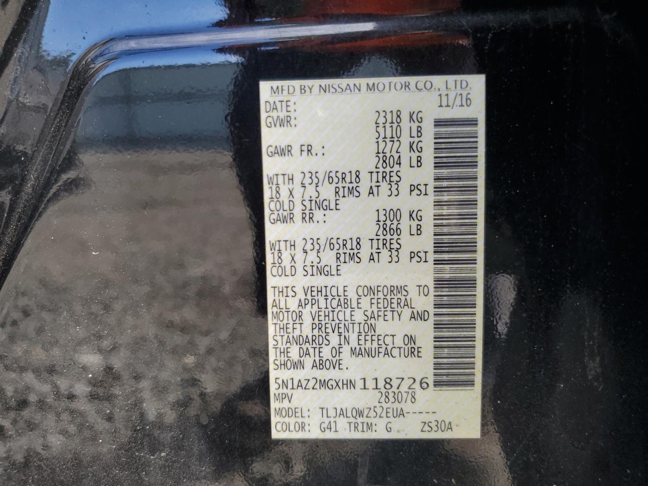 2017 Nissan Murano S VIN: 5N1AZ2MGXHN118726 Lot: 86857065