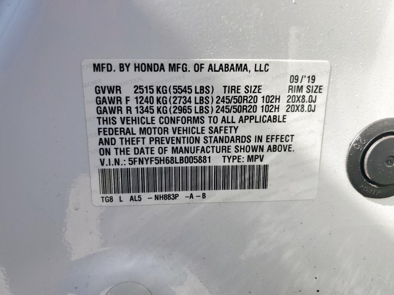 2020 Honda Pilot Touring VIN: 5FNYF5H68LB005881 Lot: 85735655