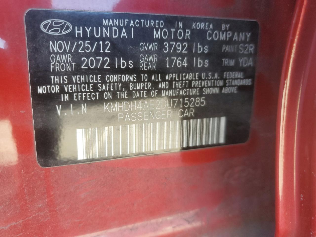2013 Hyundai Elantra Gls VIN: KMHDH4AE2DU715285 Lot: 85302165