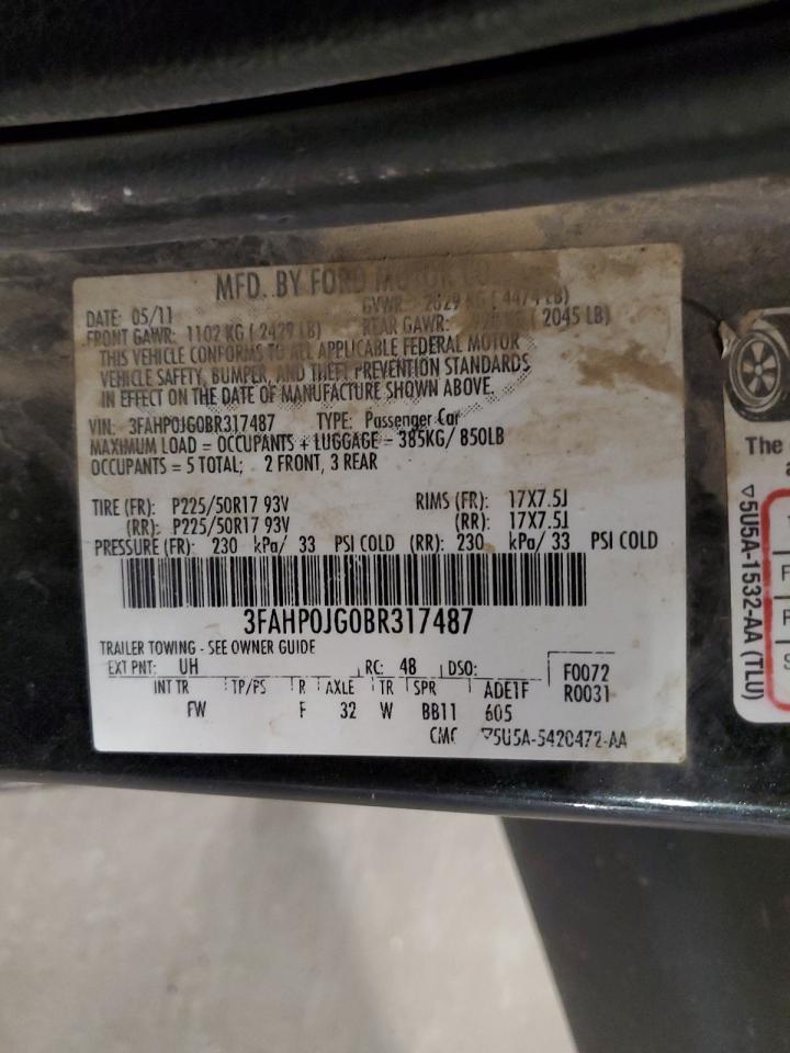 2011 Ford Fusion Sel VIN: 3FAHP0JG0BR317487 Lot: 86254075