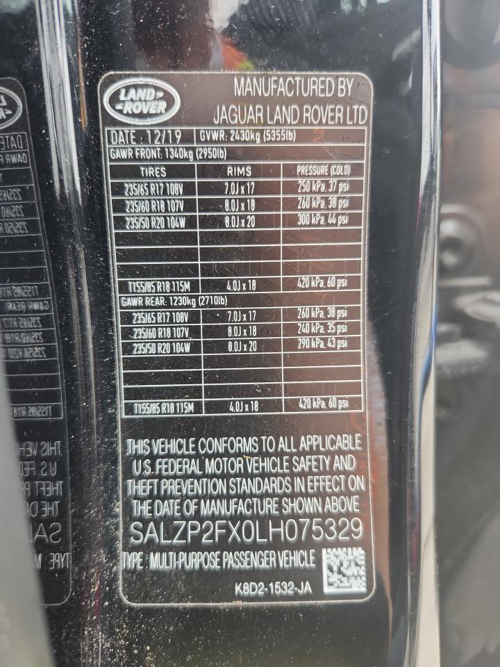 2020 Land Rover Range Rover Evoque Se VIN: SALZP2FX0LH075329 Lot: 90030905