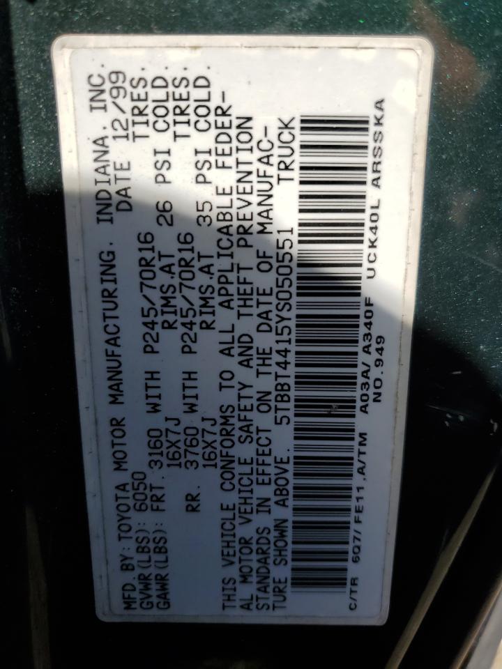 2000 Toyota Tundra Access Cab VIN: 5TBBT4415YS050551 Lot: 85511915