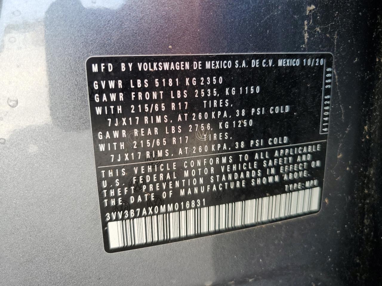 2021 Volkswagen Tiguan Se VIN: 3VV3B7AX0MM016831 Lot: 85726215