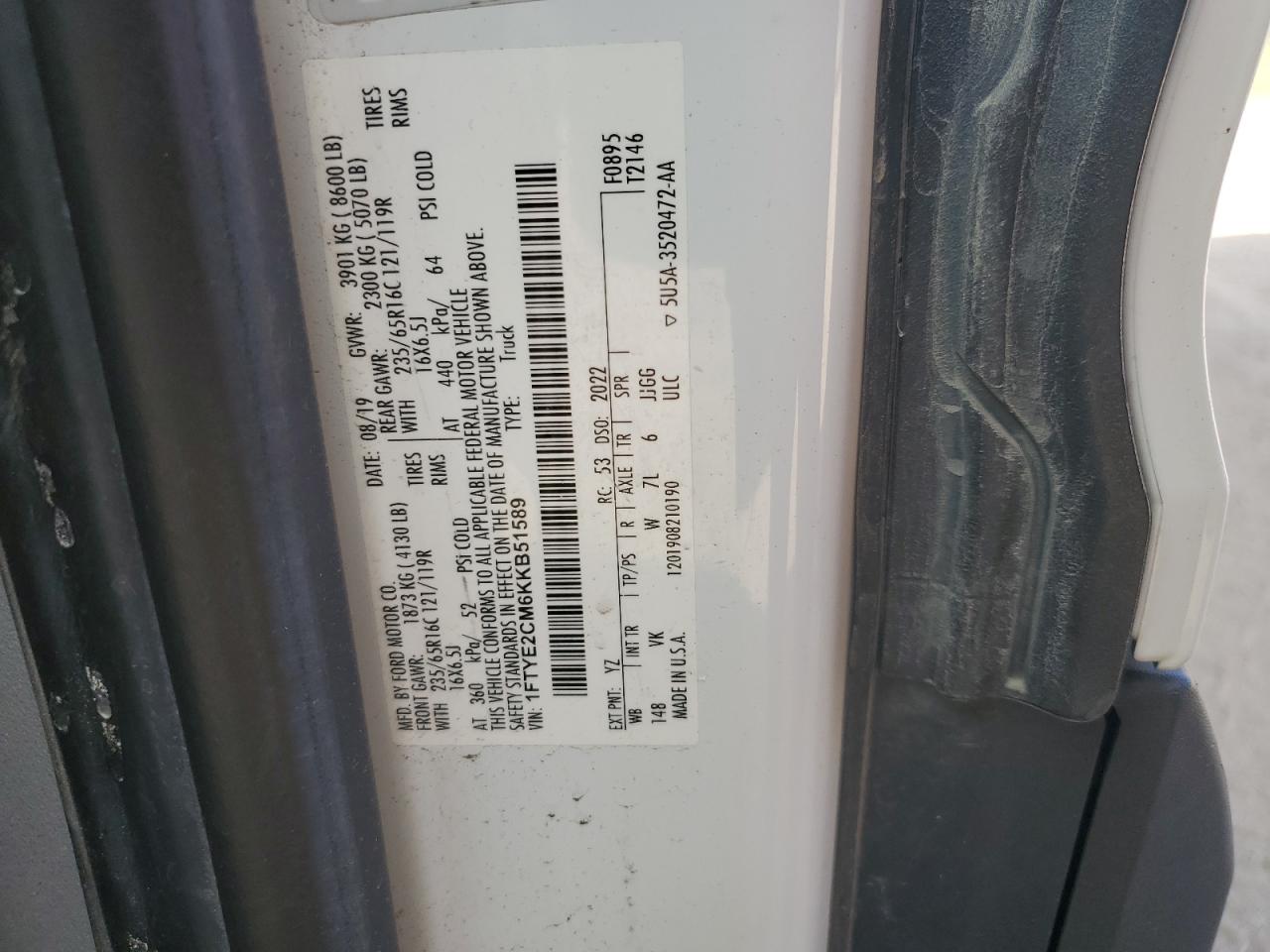 2019 Ford Transit T-150 VIN: 1FTYE2CM6KKB51589 Lot: 86290995