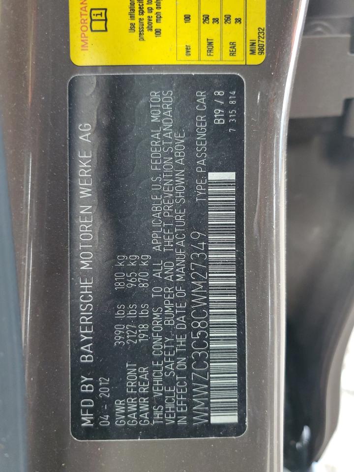 2012 Mini Cooper S Countryman VIN: WMWZC3C58CWM27349 Lot: 86062095