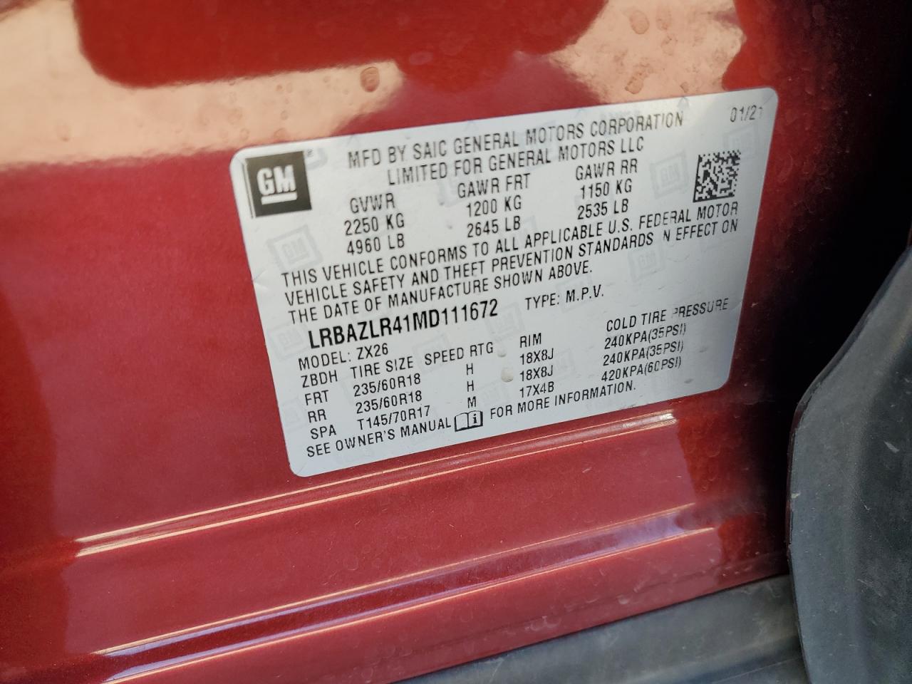 2021 Buick Envision Preferred VIN: LRBAZLR41MD111672 Lot: 85177755