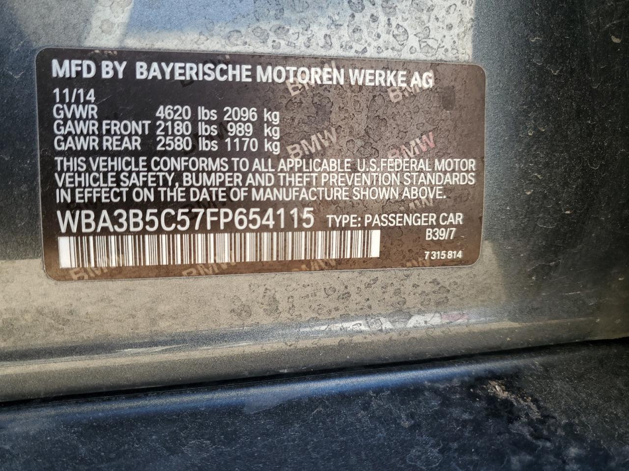 2015 BMW 328 Xi Sulev VIN: WBA3B5C57FP654115 Lot: 82006405