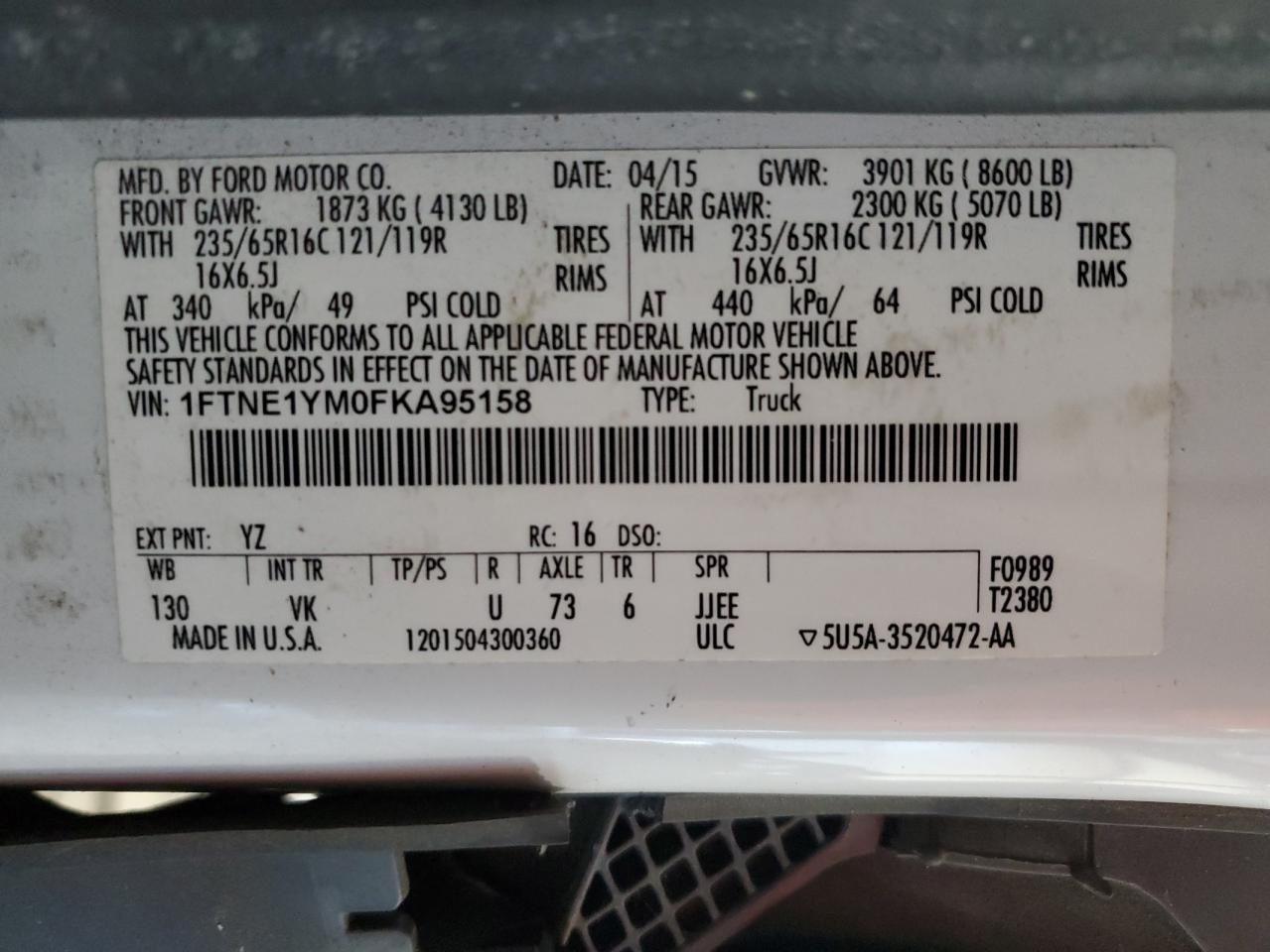 2015 Ford Transit T-150 VIN: 1FTNE1YM0FKA95158 Lot: 85845885