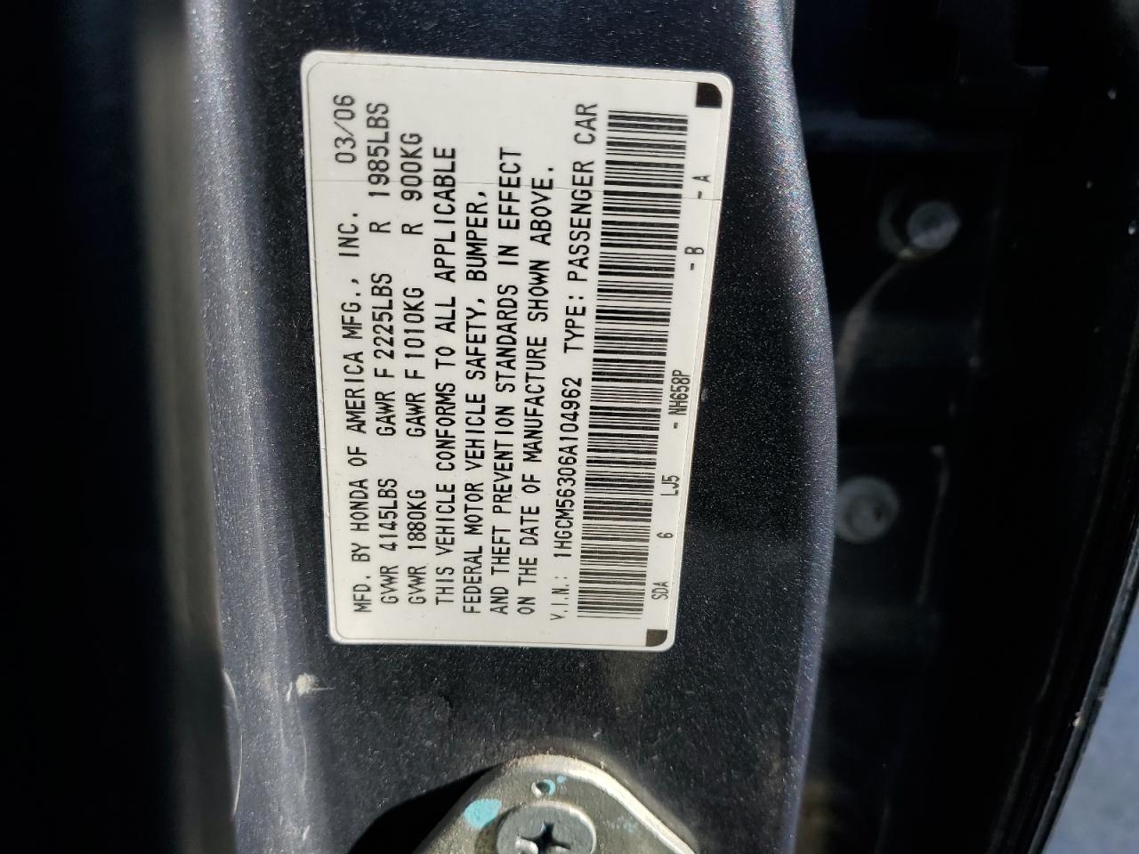 2006 Honda Accord Se VIN: 1HGCM56306A104962 Lot: 83930045