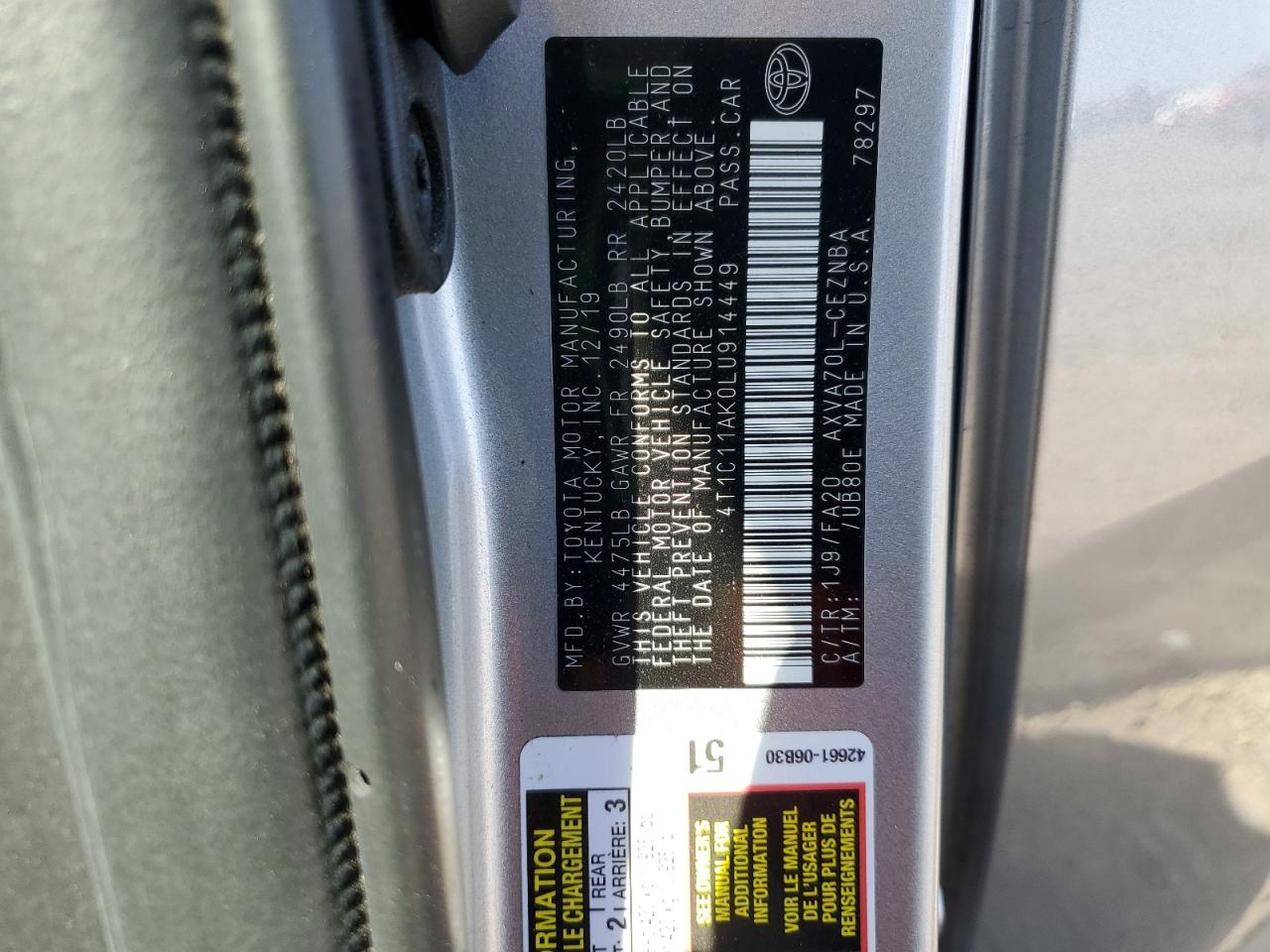 2020 Toyota Camry Le VIN: 4T1C11AK0LU914449 Lot: 85585115