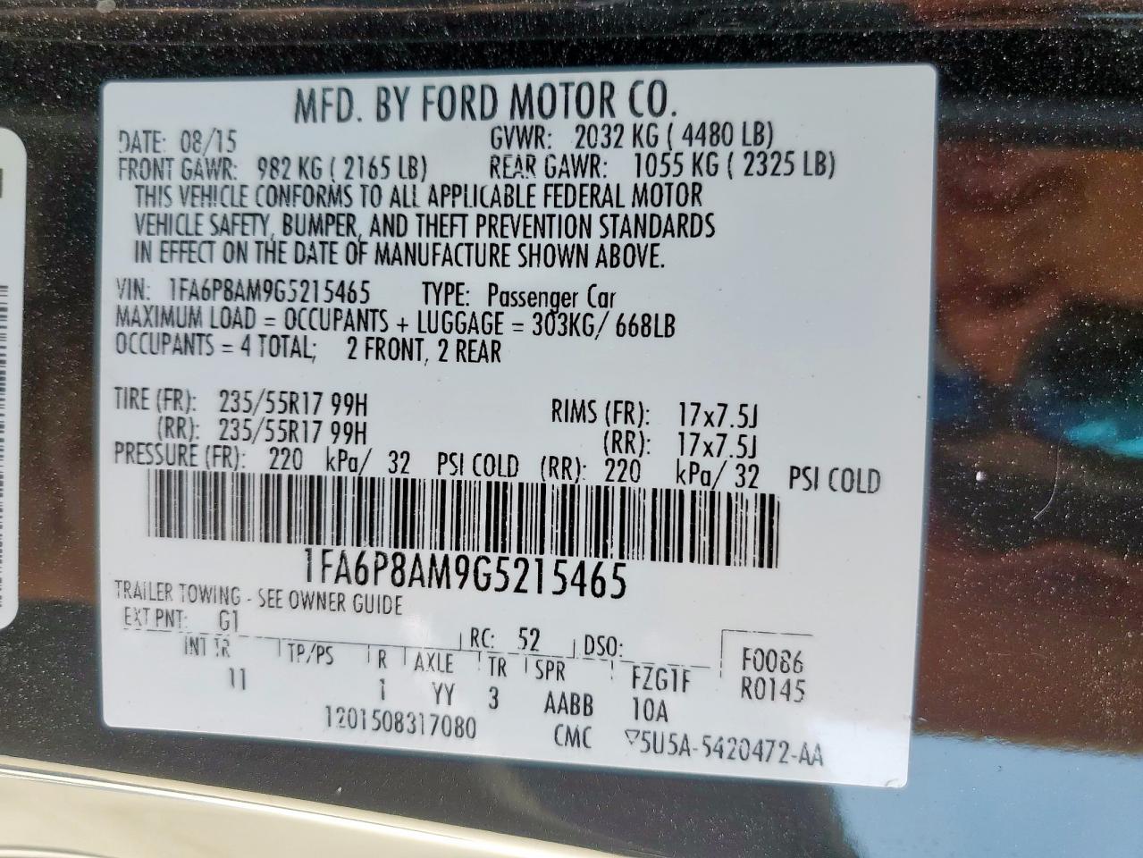 2016 Ford Mustang VIN: 1FA6P8AM9G5215465 Lot: 81977775