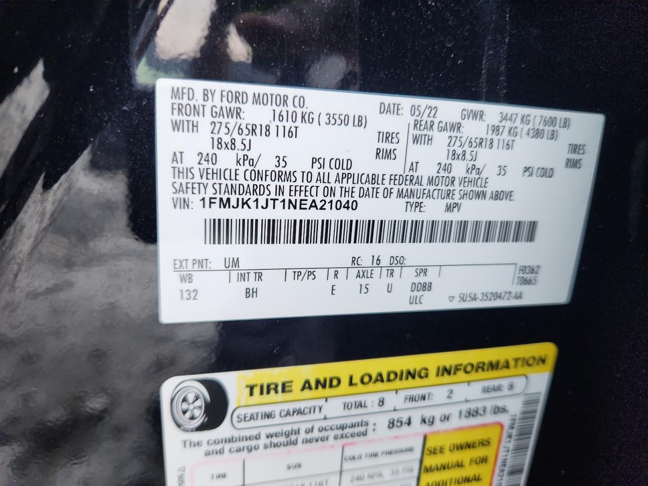 2022 Ford Expedition Max Xlt VIN: 1FMJK1JT1NEA21040 Lot: 85549055