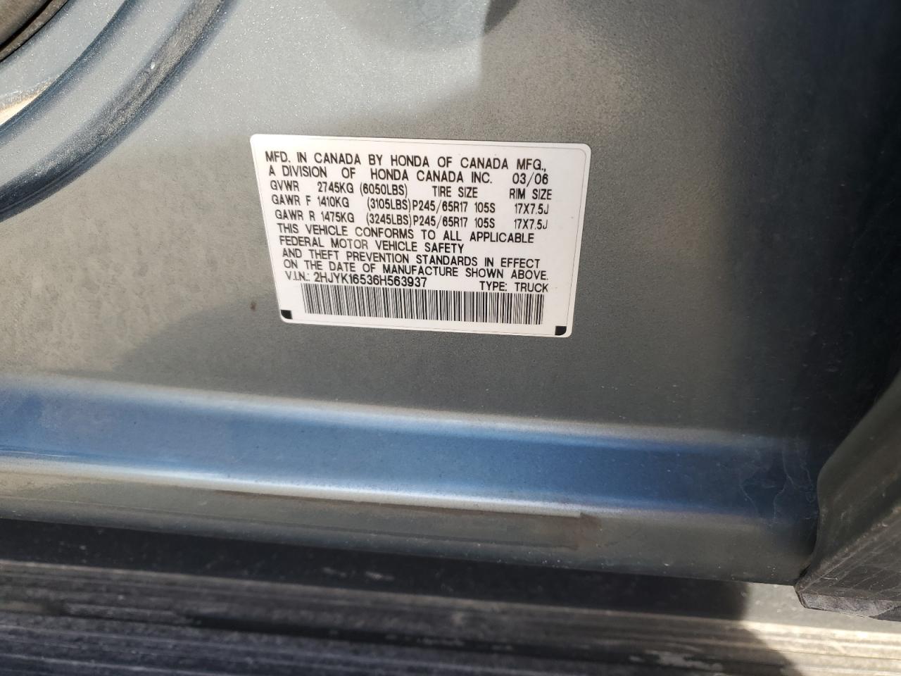 2006 Honda Ridgeline Rtl VIN: 2HJYK16536H563937 Lot: 90452005