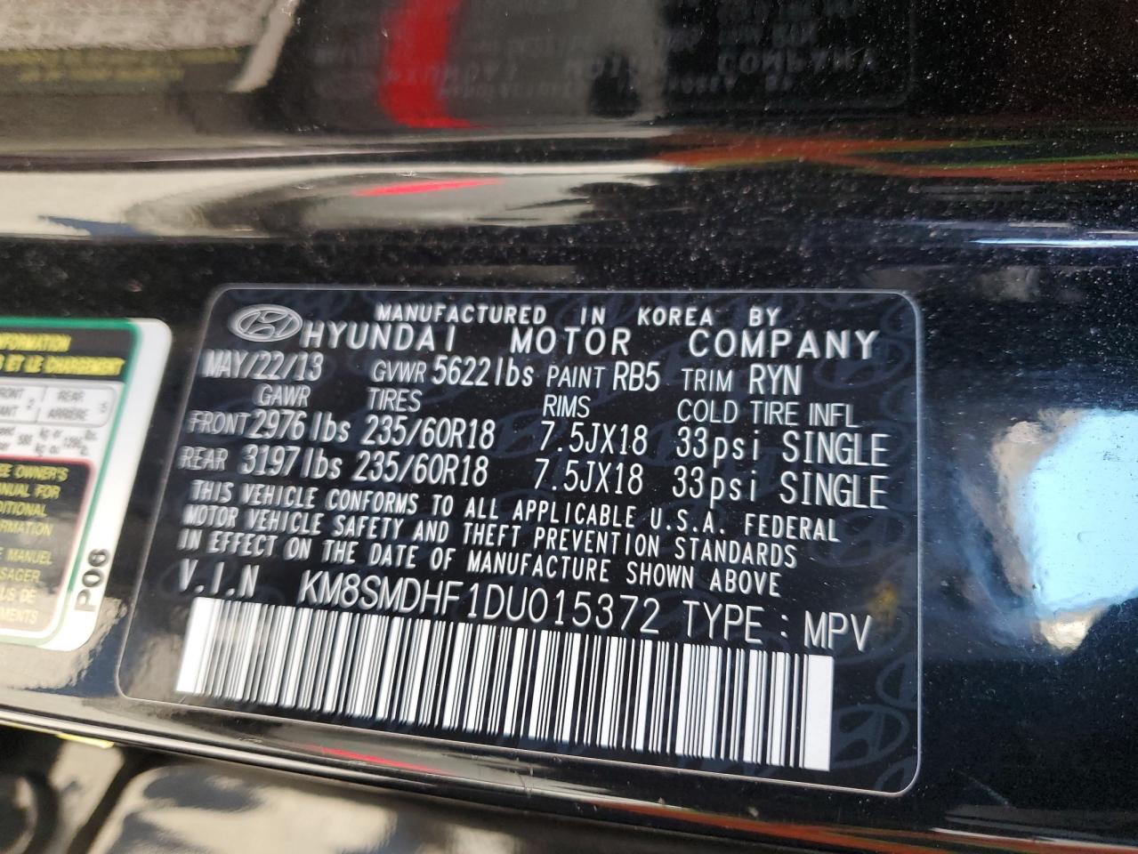 2013 Hyundai Santa Fe Gls VIN: KM8SMDHF1DU015372 Lot: 81877505