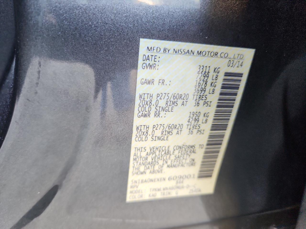 2014 Nissan Armada Platinum VIN: 5N1BA0NEXEN609001 Lot: 84974035