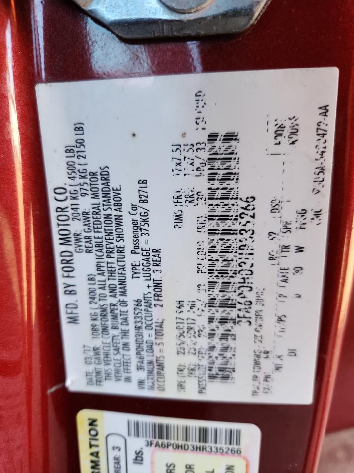 2017 Ford Fusion Se VIN: 3FA6P0HD3HR335266 Lot: 87419695