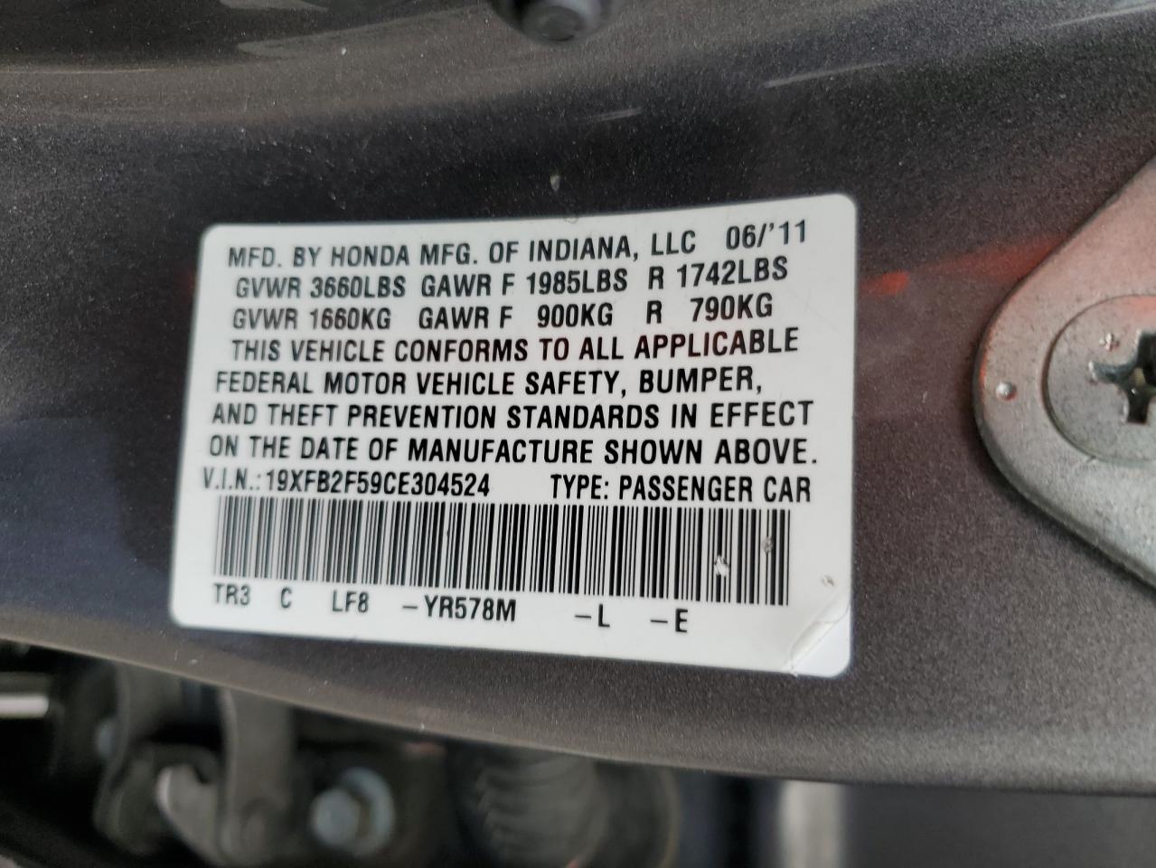 2012 Honda Civic Lx VIN: 19XFB2F59CE304524 Lot: 85538115