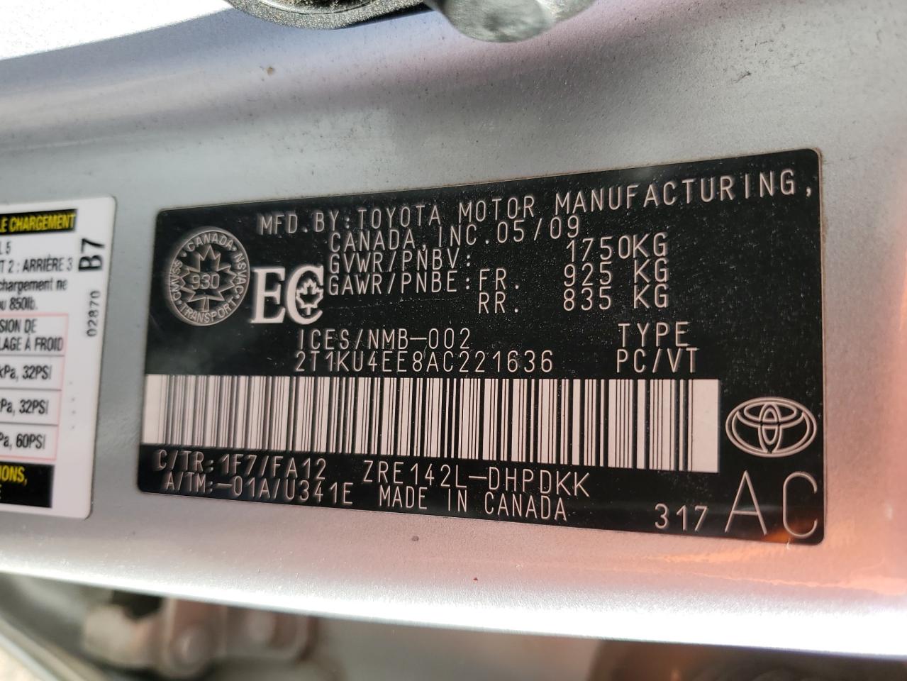 2010 Toyota Corolla Matrix VIN: 2T1KU4EE8AC221636 Lot: 89833995