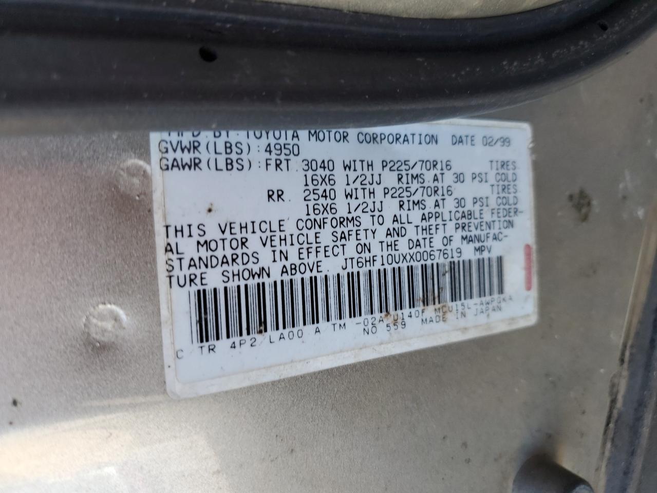 1999 Lexus Rx 300 VIN: JT6HF10UXX0067619 Lot: 85947135