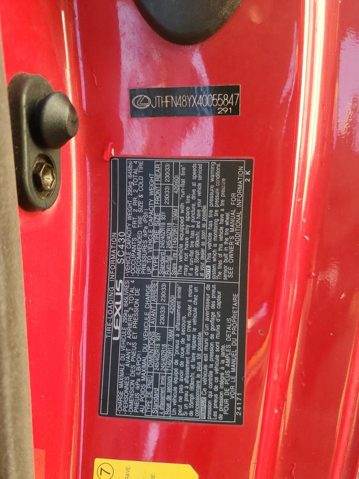 2004 Lexus Sc 430 VIN: JTHFN48YX40055847 Lot: 86063665