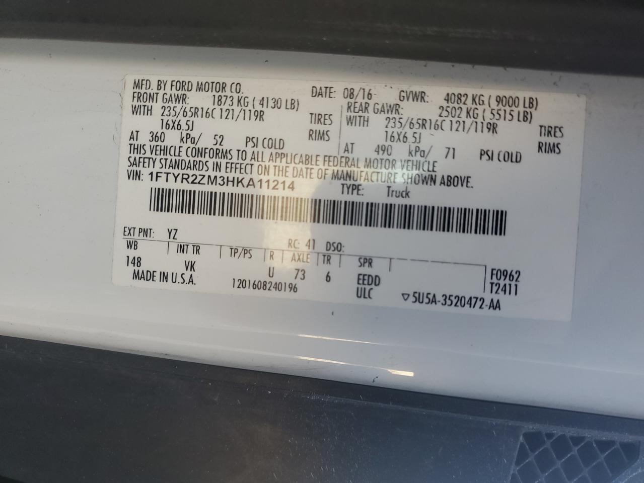 2017 Ford Transit T-250 VIN: 1FTYR2ZM3HKA11214 Lot: 84923335