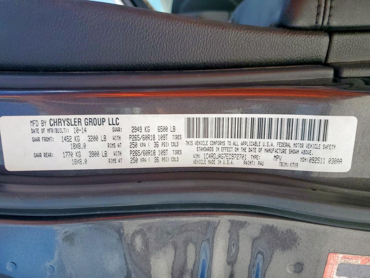 2014 Dodge Durango Sxt VIN: 1C4RDJAG7EC972701 Lot: 85500065