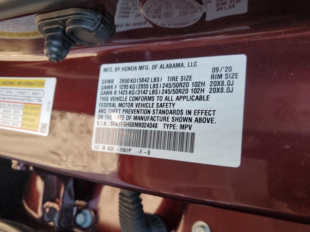 2021 Honda Pilot Touring VIN: 5FNYF6H68MB024048 Lot: 82367065