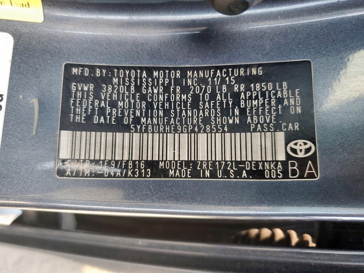 2016 Toyota Corolla L VIN: 5YFBURHE9GP428554 Lot: 85177295