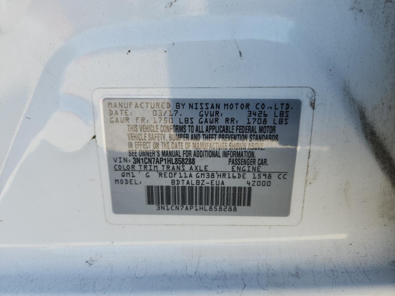 2017 Nissan Versa S VIN: 3N1CN7AP1HL858288 Lot: 82388095