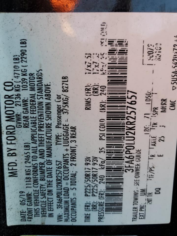 2019 Ford Fusion Se VIN: 3FA6P0LU2KR257657 Lot: 86133765