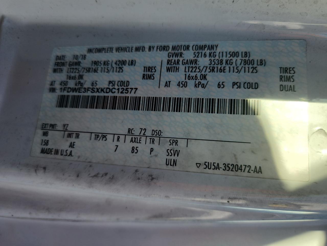 2019 Ford E350 Box Truck VIN: 1FDWE3FSXKDC12577 Lot: 86101305