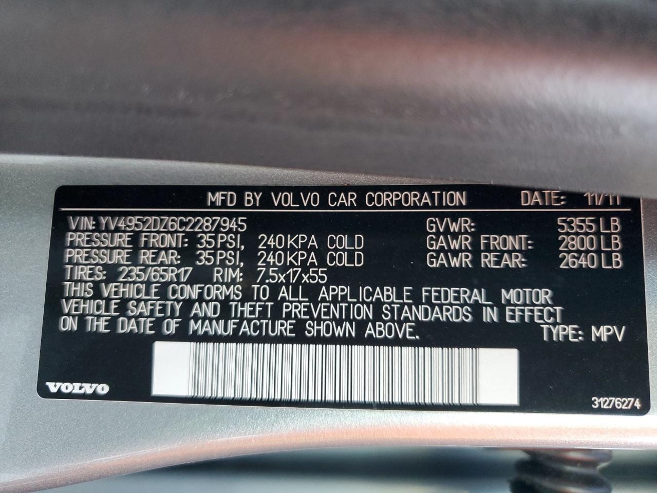 2012 Volvo Xc60 3.2 VIN: YV4952DZ6C2287945 Lot: 85315275