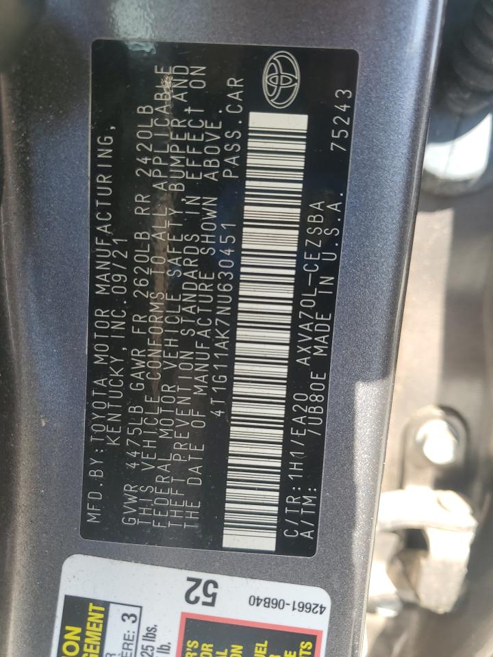 2022 Toyota Camry Se VIN: 4T1G11AK7NU630451 Lot: 84647825