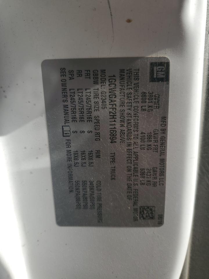 2017 Chevrolet Express G2500 VIN: 1GCWGAFF2H1116894 Lot: 85724245