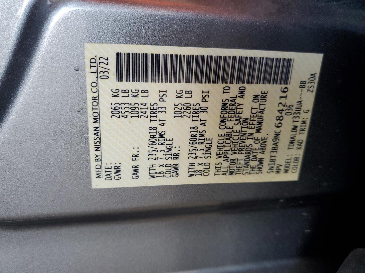 2022 Nissan Rogue Sv VIN: 5N1BT3BA9NC684216 Lot: 90347415