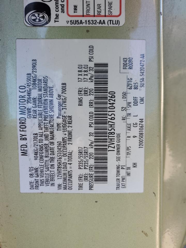 2006 Ford Mustang Gt VIN: 1ZVHT85H765104260 Lot: 86992665