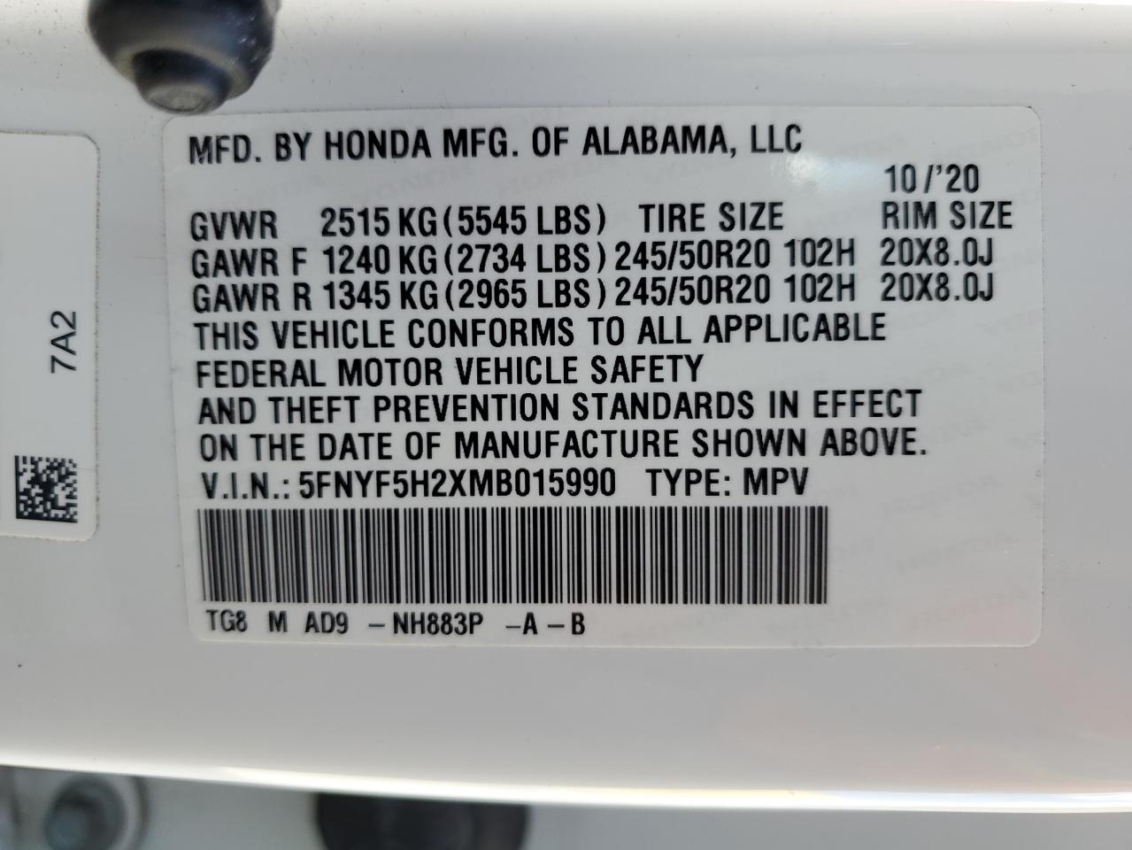 2021 Honda Pilot Se VIN: 5FNYF5H2XMB015990 Lot: 87290615