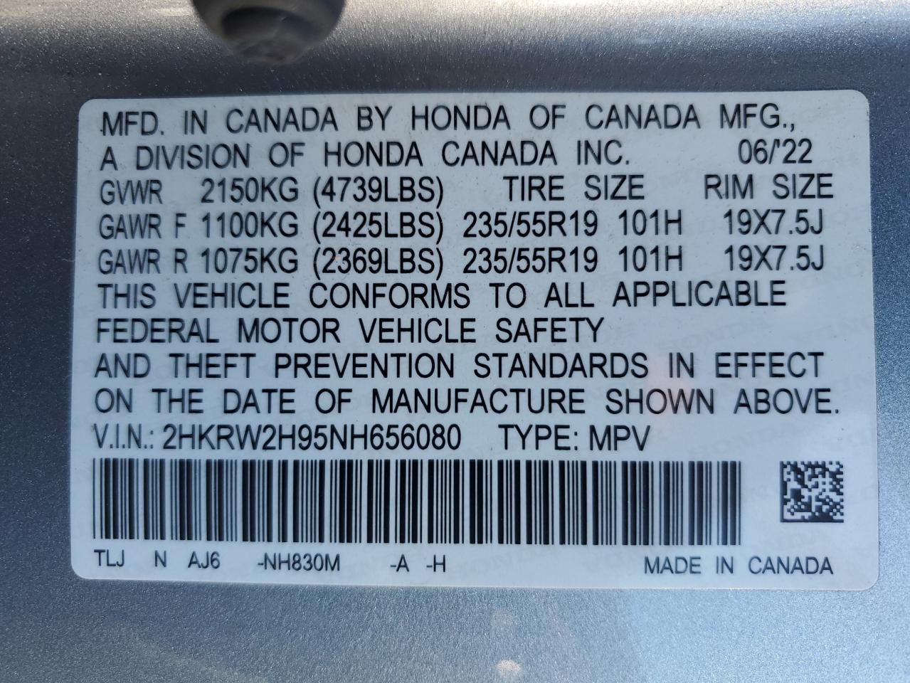 2022 Honda Cr-V Touring VIN: 2HKRW2H95NH656080 Lot: 85672545