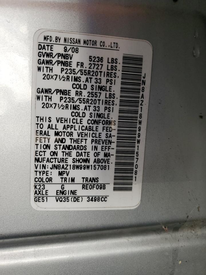 2009 Nissan Murano S VIN: JN8AZ18W99W157081 Lot: 86690095