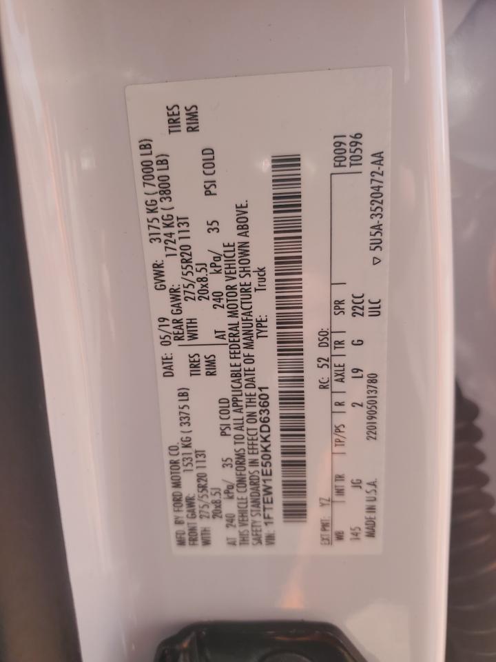 2019 Ford F150 Supercrew VIN: 1FTEW1E50KKD63601 Lot: 85337255